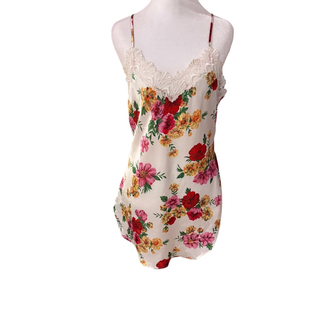 Vintage Victoria’s Secret Floral Satin Nightgown Lace Trim Chemise M 90s